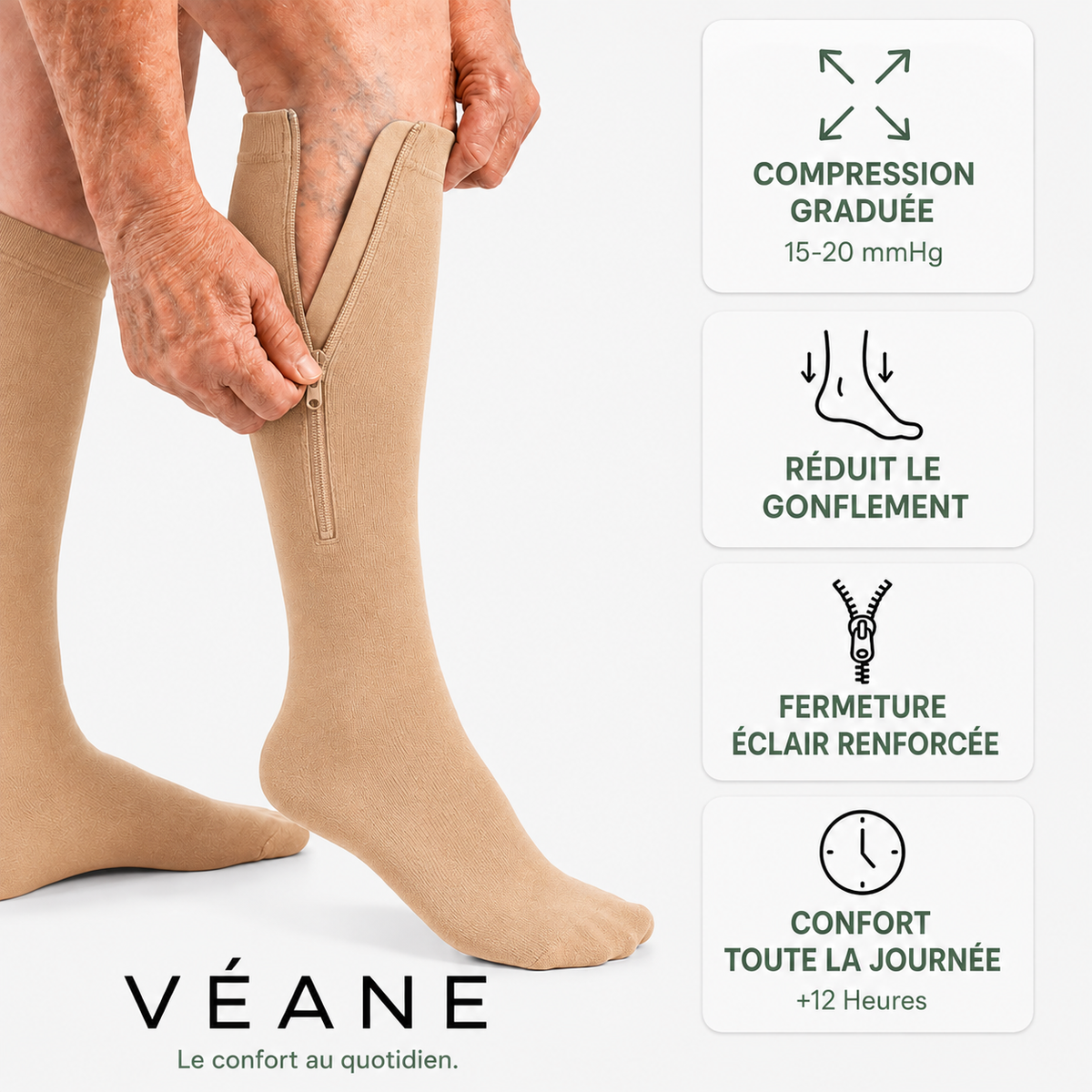 Bas de compression / contention à zip Véane – Compression graduée 15-20 mmHg – Unisexe – Noir ou Beige – Tailles 36 à 48