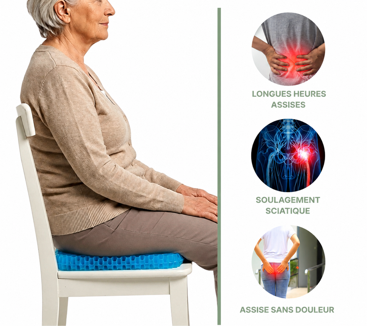 Coussin d'assise en gel Véane – Répartit la pression – Coccyx, hanches et bas du dos