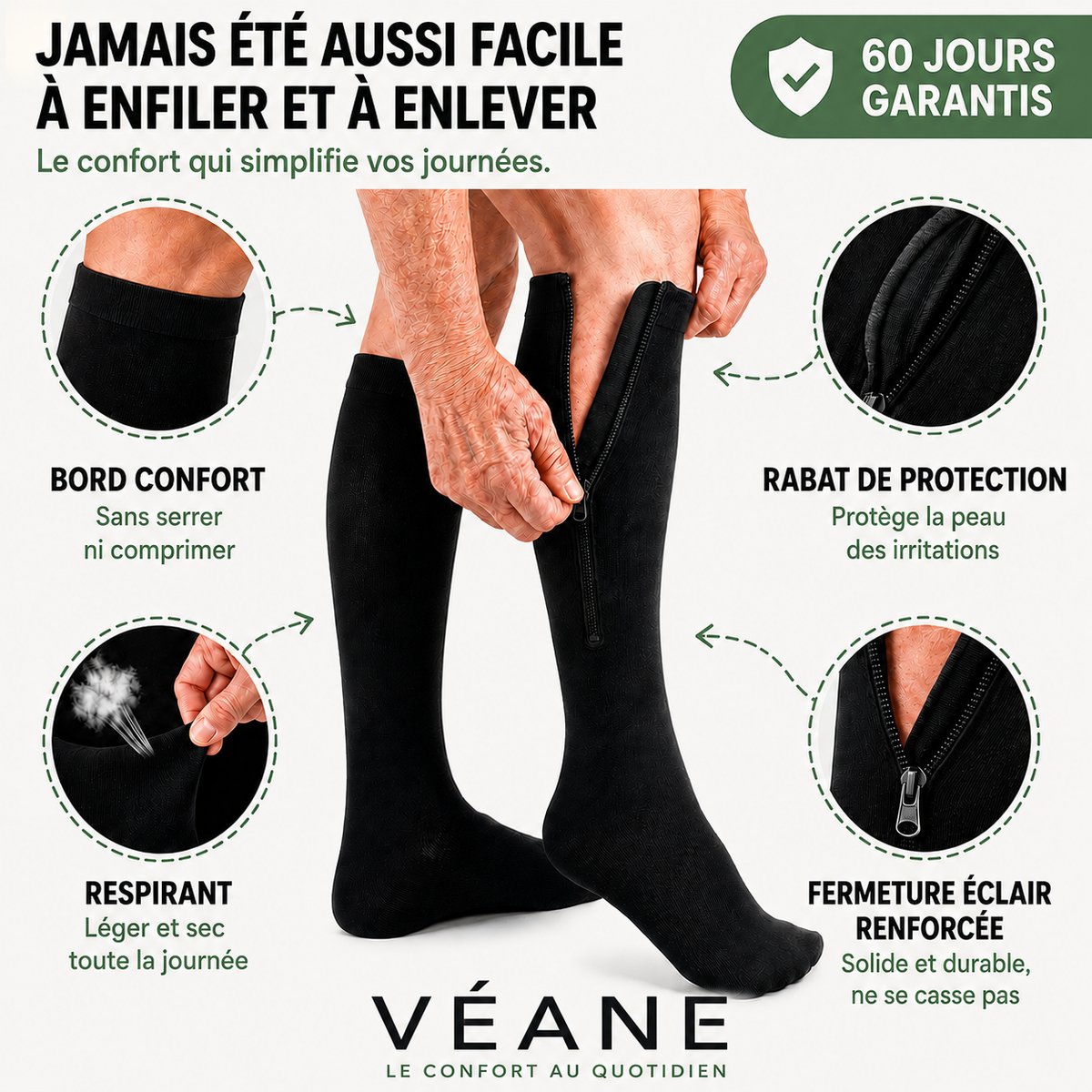 Bas de compression / contention à zip Véane – Compression graduée 15-20 mmHg – Unisexe – Noir ou Beige – Tailles 36 à 48