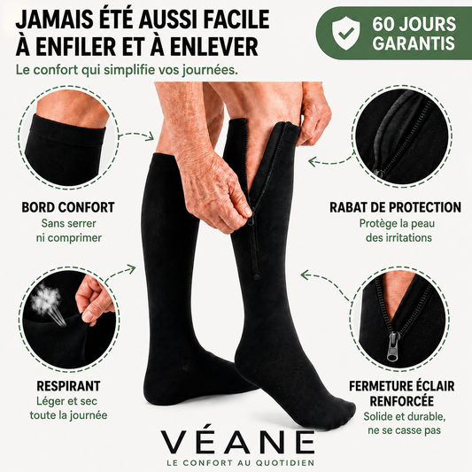 Bas de compression / contention à zip Véane – Compression graduée 15-20 mmHg – Unisexe – Noir ou Beige – Tailles 36 à 48