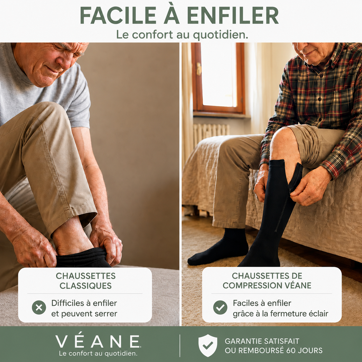 Bas de compression / contention à zip Véane – Compression graduée 15-20 mmHg – Unisexe – Noir ou Beige – Tailles 36 à 48